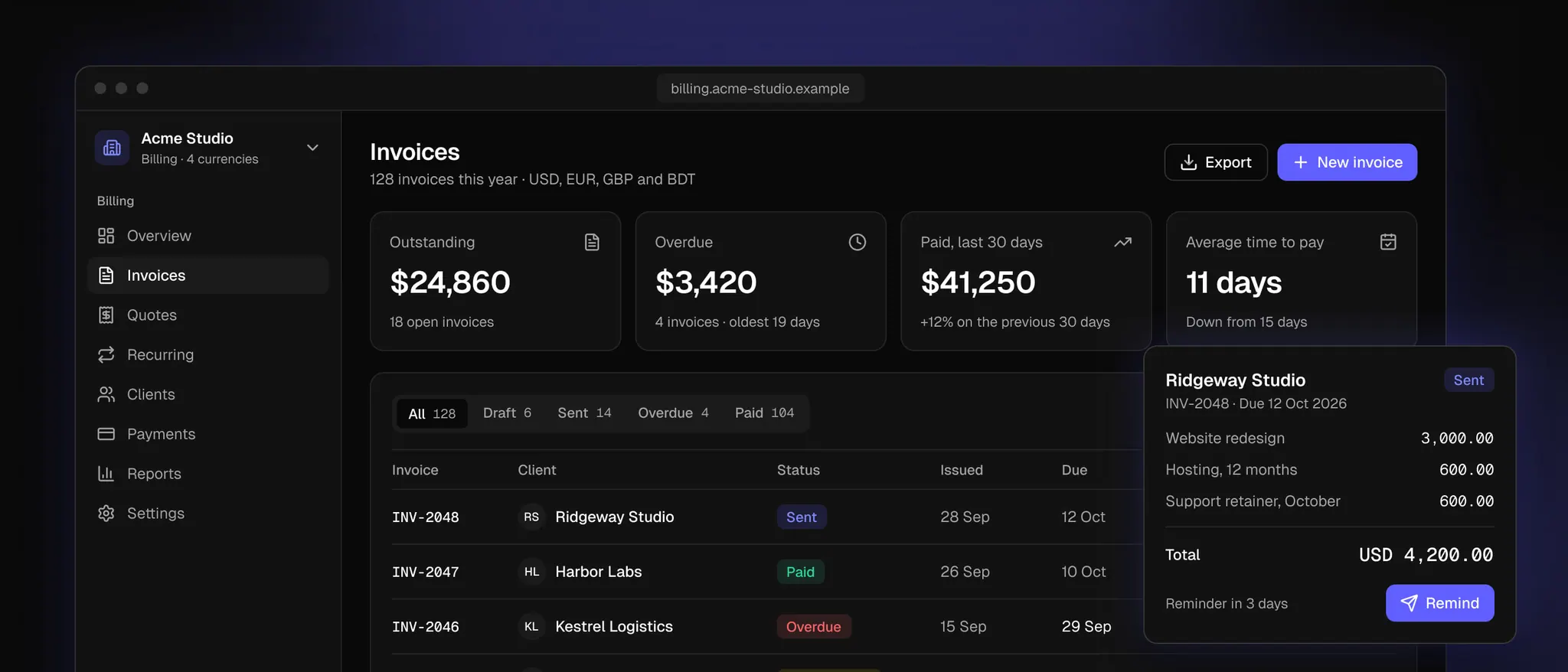 Invoicing dashboard showing outstanding, overdue and paid totals, a filtered invoice list and a single invoice with its line items and a payment reminder
