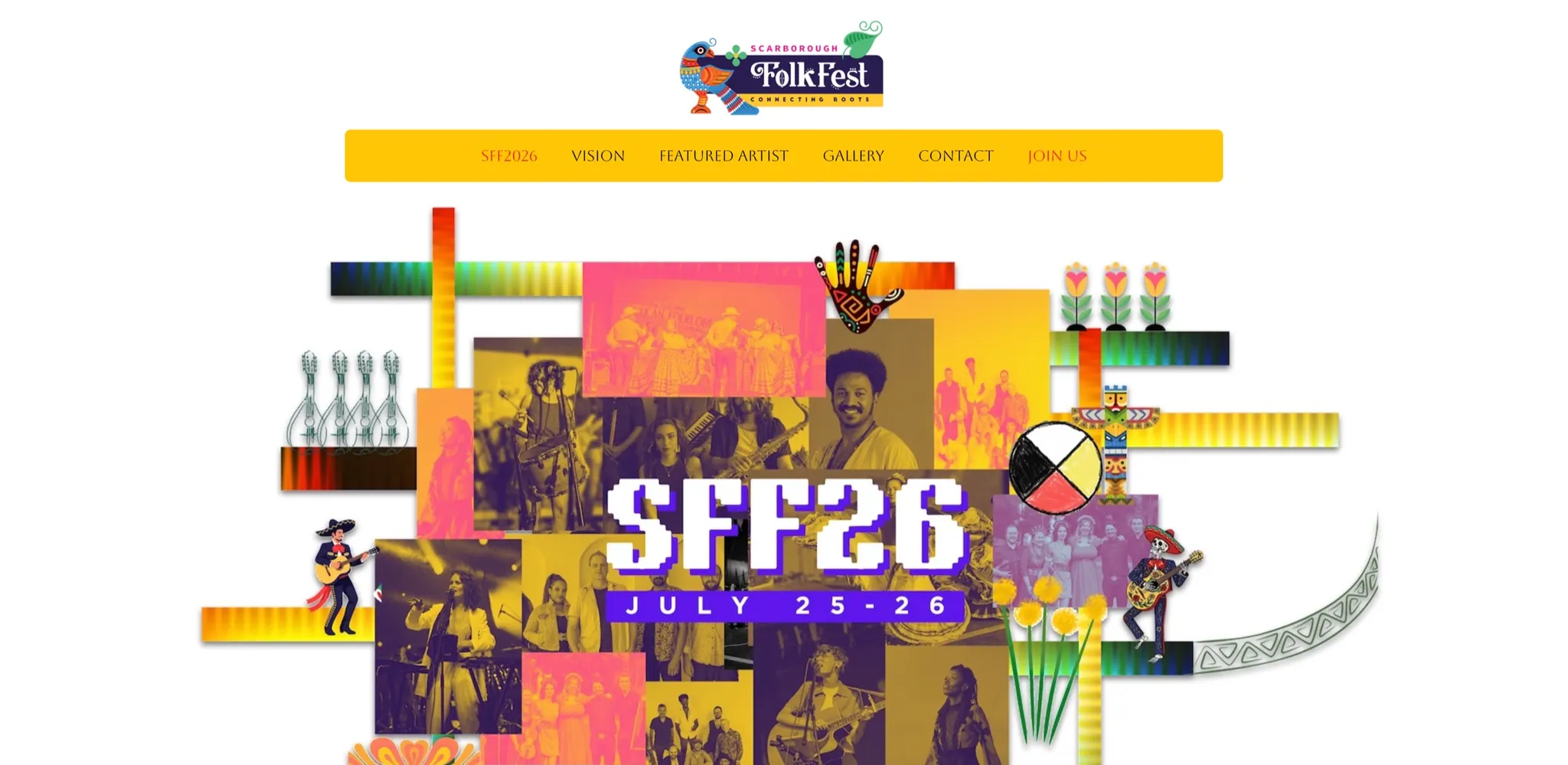 The rebuilt Scarborough Folk Fest homepage: the festival's logo and navigation above an SFF26 hero collage of performer photographs and folk-art motifs, with the July 25-26 dates.